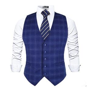 Men's Plaid Business Suit Vest V-Neck Regular Fit Checked Size 3XL